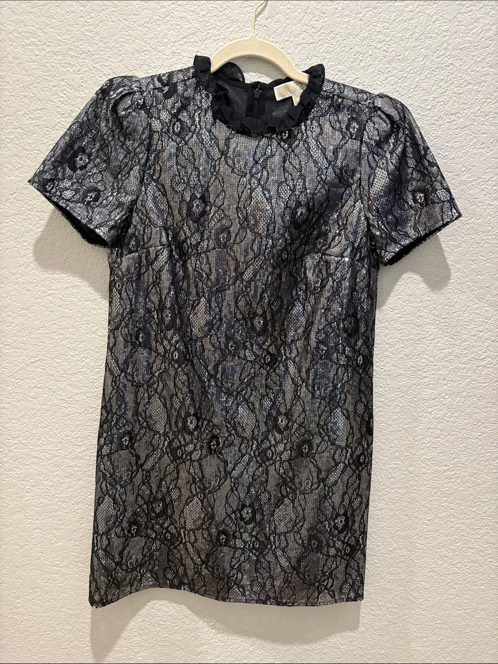 Michael Kors Black & Silver Sequined Floral Lace Shift Dress - PM